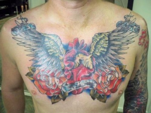 Red Roses And Angel Winged Chest Tattoo